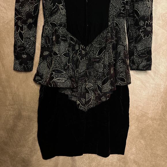 Vintage 90s Jessica McClintock Velvet Floral Peplum Dress Leg of Mutton Sleeve - Picture 8 of 10